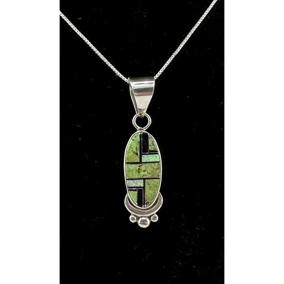 Native American Made Inlayed Green Turquoise/Onyx/Opal Sterling Silver Necklace - Picture 1 of 8
